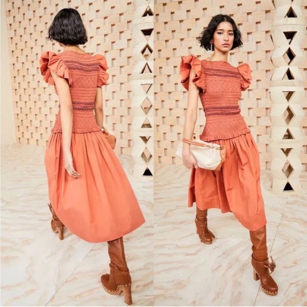 NEW NWT Ulla Johnson Madeline Smocked Midi Dress Clay